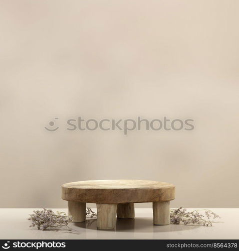 Empty round wooden podium for product presentation dry leaves on beige background abstract background. Minimal box and geometric podium. Scene with geometrical forms. Empty showcase for eco cosmetic product presentation