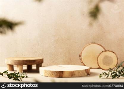 Empty round wooden podium for product presentation, eucalyptus branches on beige background. Natural materials background for cosmetic advertising with cylinder shape showcase. Mockup concept.