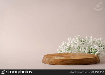 Empty round wooden podium for product presentation on beige background. Scene with geometrical forms. Empty showcase for eco cosmetic product presentation. Background for product presentation.
