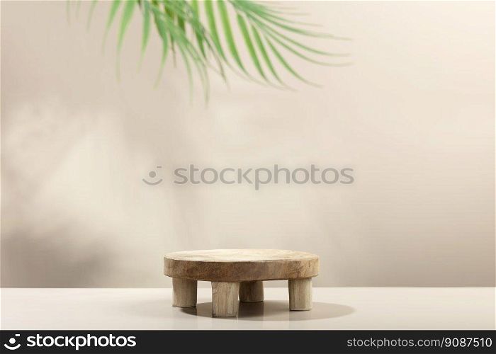 Empty round wooden podium for product presentation palmleaves on beige background abstract background. Minimal box and geometric podium. Scene with geometrical forms. Empty showcase for eco cosmetic product presentation