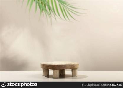 Empty round wooden podium for product presentation palmleaves on beige background abstract background. Minimal box and geometric podium. Scene with geometrical forms. Empty showcase for eco cosmetic product presentation