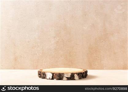 Empty round wooden podium for product presentation, pink gypsophila flowers on beige background. Natural materials background for cosmetic advertising with cylinder shape showcase. Mockup concept.