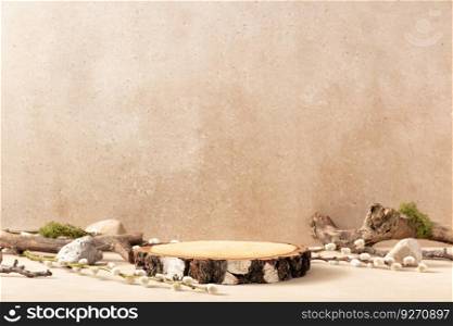 Empty round wooden podium for product presentation, pspring branches on beige background. Natural materials background for cosmetic advertising with cylinder shape showcase. Mockup concept.