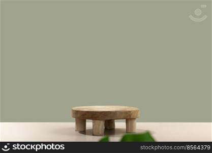 Empty round wooden podium for product presentation tropical leaves on beige background abstract background. Minimal box and geometric podium. Scene with geometrical forms. Empty showcase for eco cosmetic product presentation