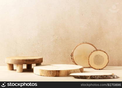 Empty round wooden podiums for product presentation on beige background. Natural materials background for cosmetic advertising with cylinder shape showcase. Mockup concept.