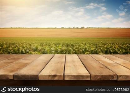 Empty rustic top wood table at gripening soybean field, There is space to place products.