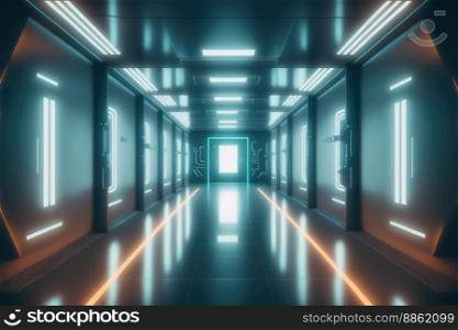 Empty sci-fi futuristic room of spaceship with blue light decoration . Super modern interior design. Peculiar AI generative image.. Empty sci-fi futuristic room of spaceship with blue light decoration