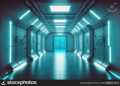 Empty sci-fi futuristic room of spaceship with blue light decoration . Super modern interior design. Peculiar AI generative image.. Empty sci-fi futuristic room of spaceship with blue light decoration