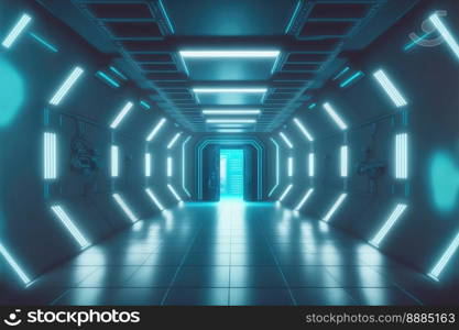 Empty sci-fi futuristic room of spaceship with blue light decoration . Super modern interior design. Peculiar AI generative image.. Empty sci-fi futuristic room of spaceship with blue light decoration