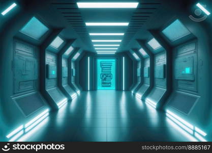 Empty sci-fi futuristic room of spaceship with blue light decoration . Super modern interior design. Peculiar AI generative image.. Empty sci-fi futuristic room of spaceship with blue light decoration