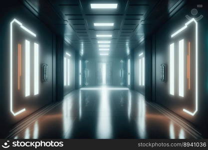 Empty sci-fi futuristic room of spaceship with blue light decoration . Super modern interior design. Peculiar AI generative image.. Empty sci-fi futuristic room of spaceship with blue light decoration