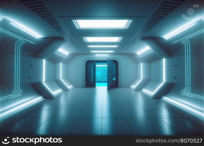 Empty sci-fi futuristic room of spaceship with blue light decoration . Super modern interior design. Peculiar AI generative image.. Empty sci-fi futuristic room of spaceship with blue light decoration