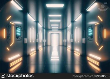 Empty sci-fi futuristic room of spaceship with blue light decoration . Super modern interior design. Peculiar AI generative image.. Empty sci-fi futuristic room of spaceship with blue light decoration