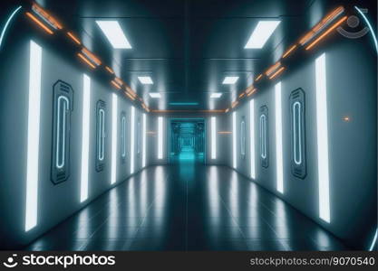 Empty sci-fi futuristic room of spaceship with blue light decoration . Super modern interior design. Peculiar AI generative image.. Empty sci-fi futuristic room of spaceship with blue light decoration