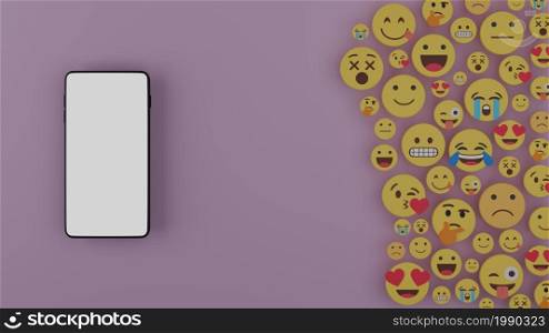 empty screen smartphone with emoticon faces as background 3D rendering illustration