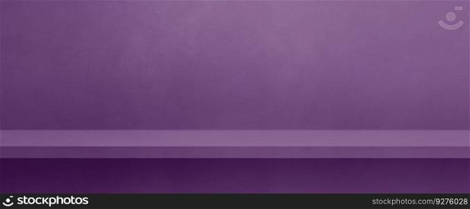 Empty shelf on a dark lilac purple concrete wall. Background template scene. Horizontal banner mockup. Empty shelf on a dark lilac purple concrete wall. Background template. Horizontal banner mockup