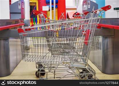Empty shopping carts in the supermarket