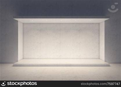 empty showcase of a shop in the evening light, 3d rendering