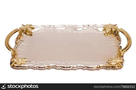 Empty Silver Tray With Leaf Ornament Isolated On White Background