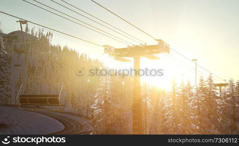 empty ski lift. chairlift silhouette on high mountain over the forest at sunset