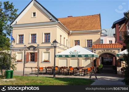 Empty small open-air cafe in Trinity Suburb, old part of Minsk, Belarus