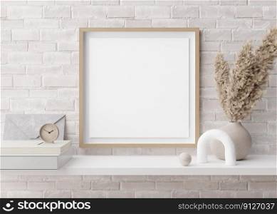 Empty square picture frame on white brick wall in modern room. Mock up interior in contemporary style. Free, copy space for picture. P&as grass in vase, books, sculpture. 3D rendering. Empty square picture frame on white brick wall in modern room. Mock up interior in contemporary style. Free, copy space for picture. P&as grass in vase, books, sculpture. 3D rendering.