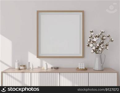 Empty square picture frame on white wall in modern living room. Mock up interior in minimalist, scandinavian style. Free, copy space for picture. Console, cotton plant, vase. 3D rendering. Empty square picture frame on white wall in modern living room. Mock up interior in minimalist, scandinavian style. Free, copy space for picture. Console, cotton plant, vase. 3D rendering.