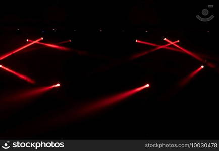 Empty stage concert with colorful lighting laser beam spotlight show in disco pub club bar background for party music dancing festival performance. Entertainment nightlife. Celebration event.