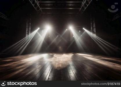 Empty stage with light beams background created with generative AI technology
