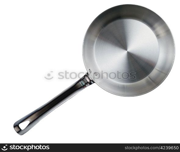 Empty steel frying pan isolated on white.