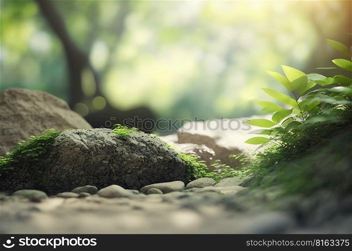 Empty stone surface with blurred rainforest on background. Product background. Generative Ai image. Empty stone surface with blurred rainforest on background. Product background