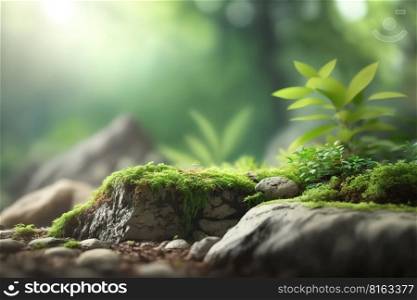 Empty stone surface with blurred rainforest on background. Product background. Generative Ai image. Empty stone surface with blurred rainforest on background. Product background