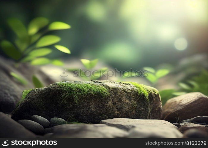 Empty stone surface with blurred rainforest on background. Product background. Generative Ai image. Empty stone surface with blurred rainforest on background. Product background