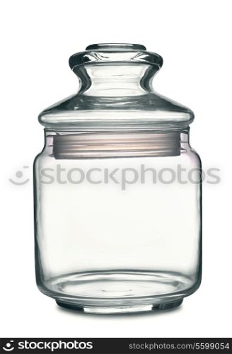 Empty storage glass jar isolated on white