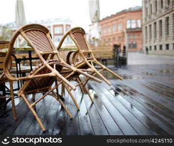Empty street cafe in Riga, Latvia.