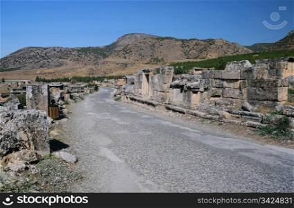 Empty street in ancient city of Hierapolis in Asia Minor in Turkey.