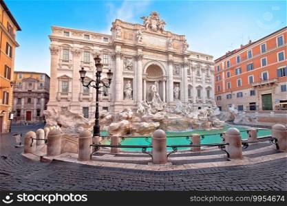Empty streets of Rome. Majestic Trevi fountain in Rome street view, eternal city, capital of Italy 