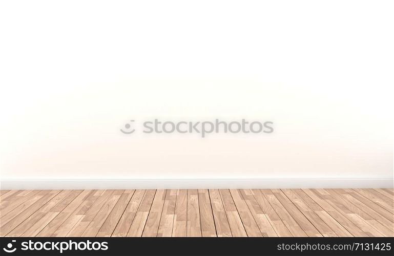 Empty style - Wooden floor on White wall background. 3D rendering