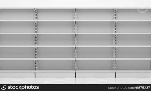 empty supermarket shelves in front of white wall. 3d illustration. empty supermarket shelves in front of white wall. 3d illustratio