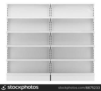 empty supermarket shelves isolated on white background. 3d illustration. empty supermarket shelves isolated on white background. 3d illus