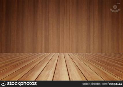 Empty table in room with a wall and wood slats on brown floor, 3d illustration background texture. Board