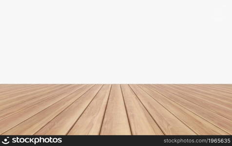 Empty table in room with white wall and wood slats on brown floor, 3d illustration background texture. Board