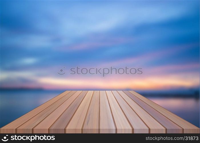 Empty table top of wooden table with sunset background. For product display
