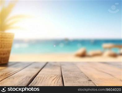 Empty table with blue sea,beach and luxury resort background.AI Generative