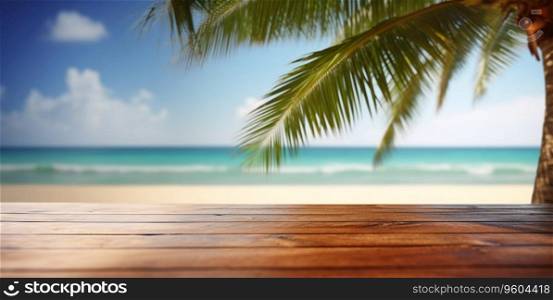 Empty table with ocean and palm with blue sky and beach background.AI Generative