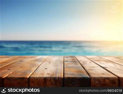 Empty table with summer blue sea and sky background view.AI Generative