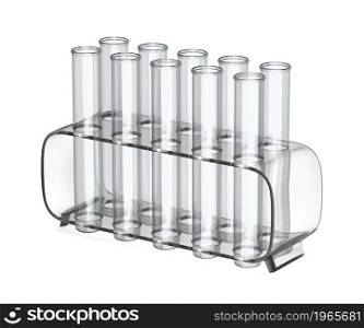 Empty test tubes in a rack on white background