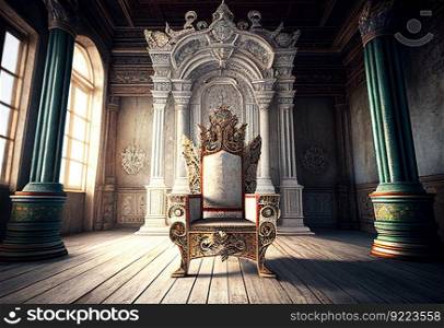 Empty throne in the castle hall illustration. AI generative.