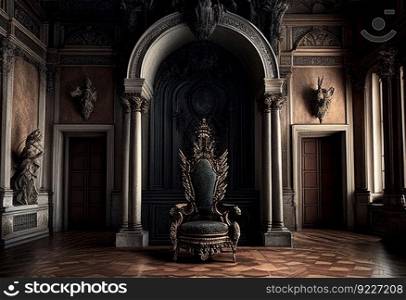 Empty throne in the castle hall illustration. AI generative.