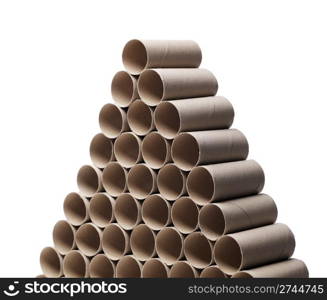 Empty toilet paper rolls stacked as a pyramid.